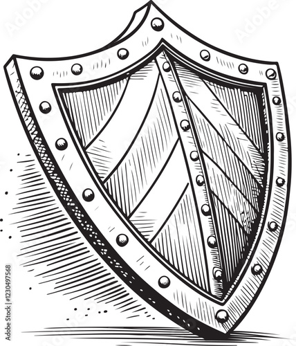Shield Guard Protection Sketch Drawing Vector Illustration in Linear Line Engraving Black and White, Isolated