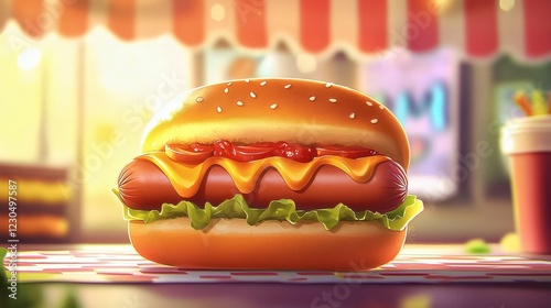 Delicious Hot Dog in a Bun: A mouthwatering illustration of a classic American hot dog, nestled in a soft bun, topped with cheese, ketchup, and lettuce. photo