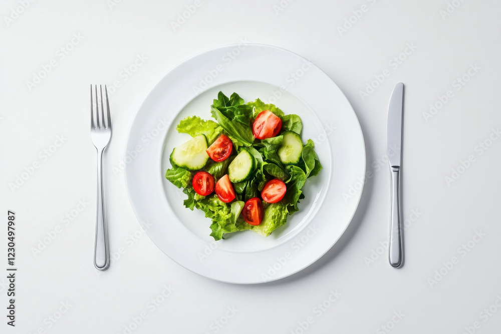 Delicious summer salad of tomatoes, cucumbers and various herbs on a white plate, fork and knife lying nearby, on a white background, healthy food concept, weight loss food, top view Delicious summer salad of tomatoes, cucumbers and various herbs on a white plate, fork and knife lying nearby, on a white background, healthy food concept, weight loss food, top view