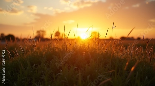A beautiful sunset in a grassy field, with the sun low in the sky, casting a warm, golden light over the landscape
