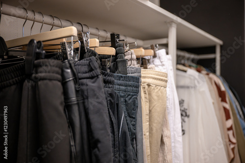 Variety of pants in different colors organized on a rack in thrift store