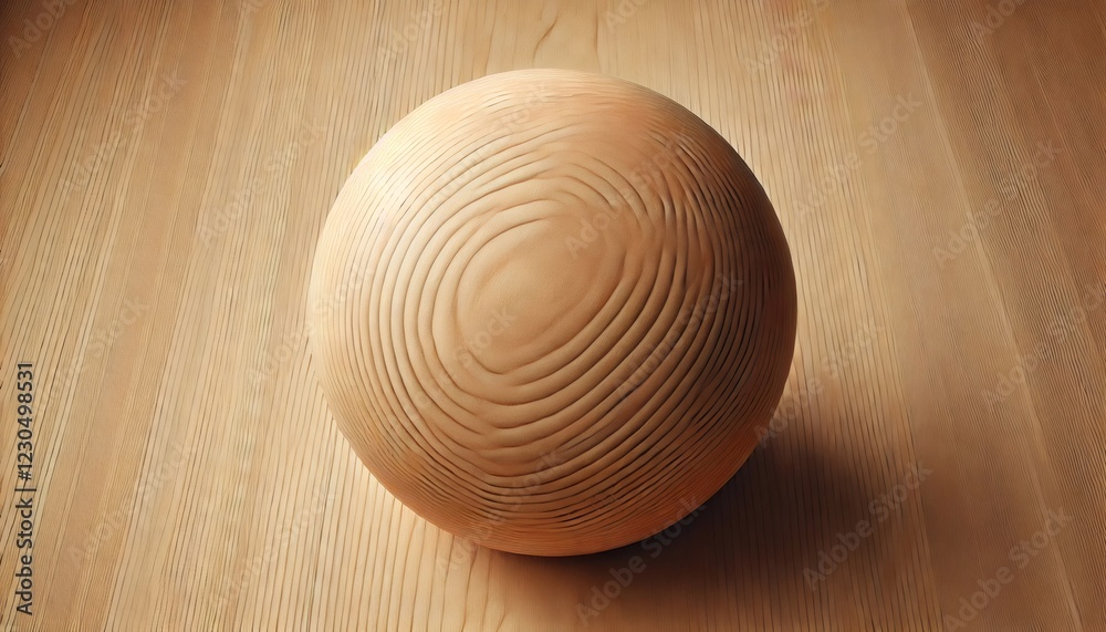Wooden sphere resting on a wooden surface with visible growth rings Wooden sphere resting on a wooden surface with visible growth rings