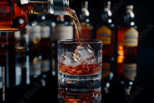 Pouring a rich amber drink over ice in a sleek glass setting at a stylish bar photo