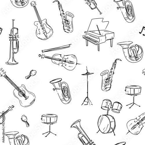 Musical instruments, seamless, pattern, set of illustrations, vector doodle