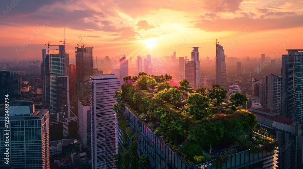 Fototapeta premium Breathtaking sunset over a futuristic city skyline with glowing clouds