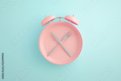 Alarm clock and plate with cutlery . Concept of intermittent fasting, lunchtime, diet and weight loss 
