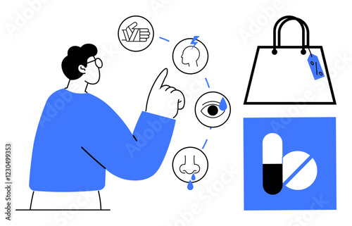 Person pointing at icons representing touch, taste, smell, hearing, and sight, next to a shopping bag with a price tag and a medication symbol. Ideal for shopping, e-commerce, healthcare medical