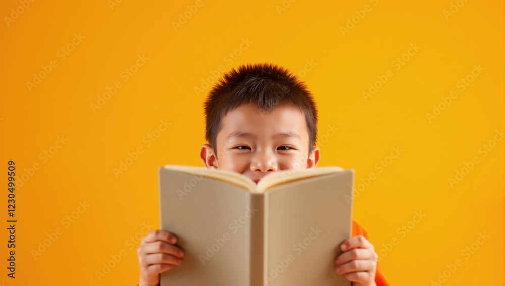 Young Boy Holding Book Against Yellow Background Young Boy Holding Book Against Yellow Background