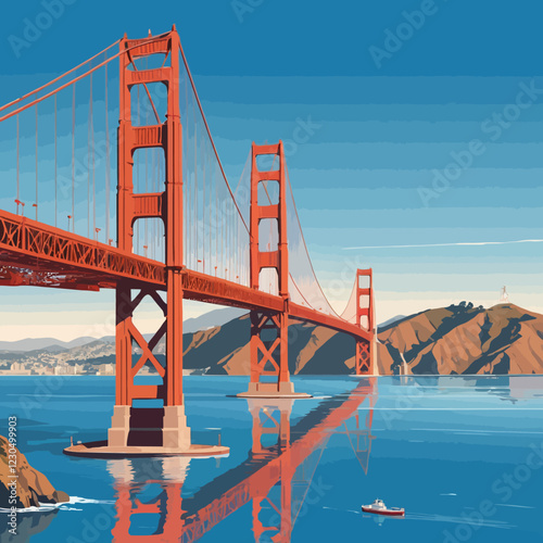 The illustration showcases the majestic Golden Gate Bridge spanning across the vibrant blue waters of San Francisco Bay. The bridge's iconic red-orange towers rise proudly against a clear sky