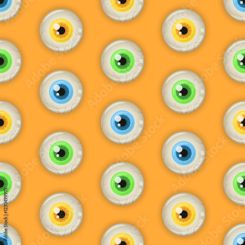 Multicolor monster eyeballs on orange background. Halloween vector seamless pattern. Best for textile, print, wrapping paper, package and festive decoration.