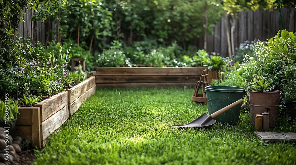 Serene Garden with Colorful Flowers and Wheelbarrow Serene Garden with Colorful Flowers and Wheelbarrow