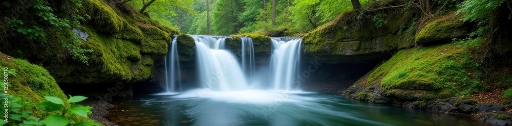 Obraz premium Waterfall at Golitha Falls with moss covered rocks, forest, landscape, waterfall scene