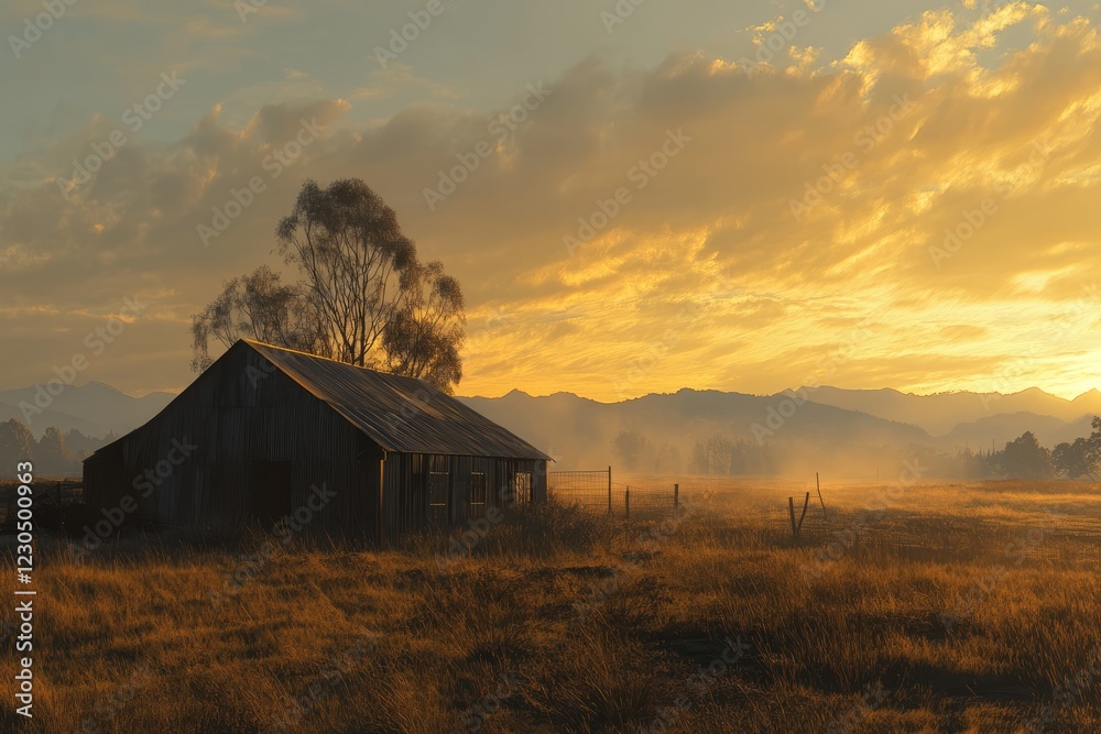 A rustic barn stands in a misty field at sunrise, with mountains in the background, capturing the serene beauty of rural life. A rustic barn stands in a misty field at sunrise, with mountains in the background, capturing the serene beauty of rural life.