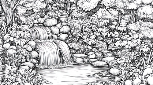 Wallpaper Mural Lush Waterfall Garden, Tranquil Pond, Nature Sketch, Relaxation Torontodigital.ca