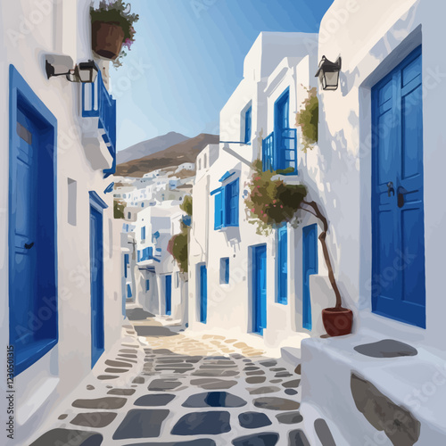 The painting of Mykonos in Greece reflects the iconic charm of this beautiful island. Narrow paving stones wind between white-washed buildings with striking blue shutters. vector illustration.