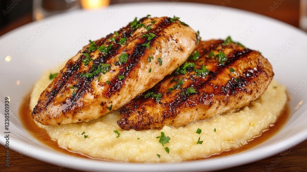 Savory grilled chicken fillet with cheddar cheese on creamy polenta, beautifully plated in a sophisticated dining environment. Savory grilled chicken fillet with cheddar cheese on creamy polenta, beautifully plated in a sophisticated dining environment.