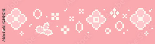 Sakura pixel seamless border, cherry flowers, petal blossom. 8 bit retro game decoration. Chinese plum spring ornament.
