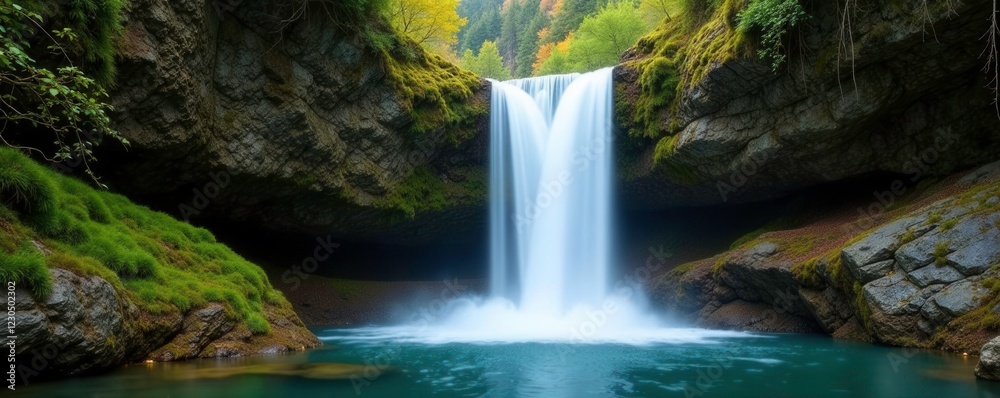 Fototapeta premium Waterfall cascade in a rocky cliffside with moss and lichen, #naturalwonders, #mossandlichen, #sereneescape