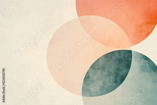 Minimalist abstract background with overlapping geometric circles in soft pastel and earthy tones. Modern retro design with a vintage texture, perfect for branding, posters, web design