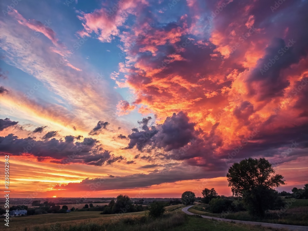Fototapeta premium Vibrant Sunset Sky: Colorful Cloudscape with High Depth of Field