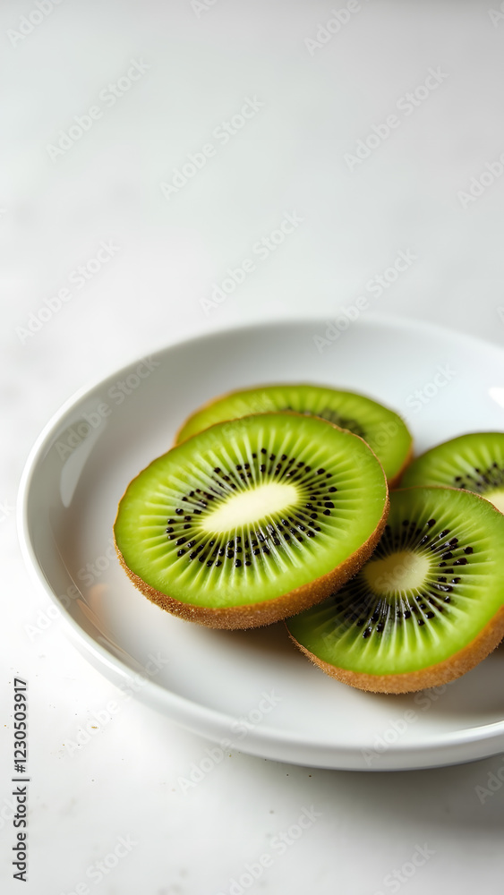 Freshly cut kiwi slices arranged in a white bowl highlighting their vibrant green color and unique texture Freshly cut kiwi slices arranged in a white bowl highlighting their vibrant green color and unique texture