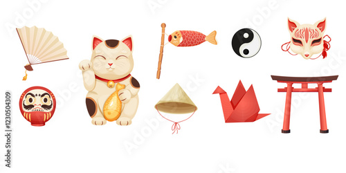 Japan set with traditional elements bonsai tree, koinobori flag, fun, maneki neko cat, origami crane and teapot with tea cups isolated on white background.