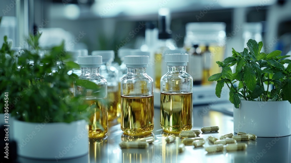 Alternative herb oils and capsules displayed in a modern laboratory, emphasizing health and wellness. Alternative herb oils and capsules displayed in a modern laboratory, emphasizing health and wellness.