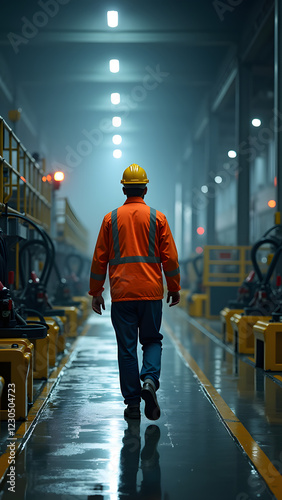 A worker in an orange safety vest and yellow hard hat walks through a dimly lit industrial space surrounded by machinery and equipment photo