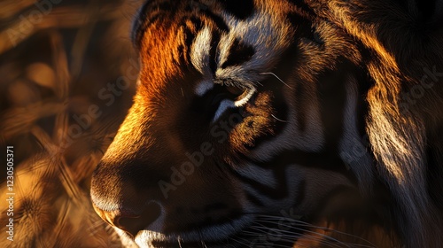 Tiger portrait, sunset, wildlife, nature, close-up, background blur, conservation photo