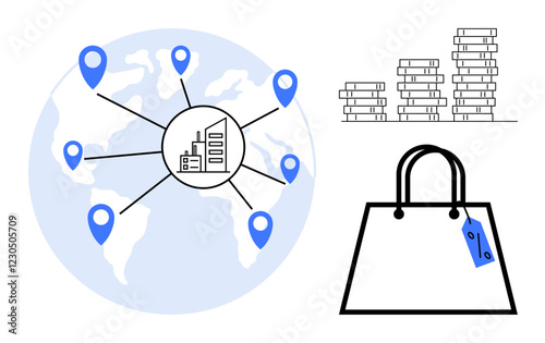 Map with factory and location markers connecting worldwide, stacks of coins growing, shopping bag with price tag. Ideal for globalization, logistics, trade, supply chain, commerce, economics