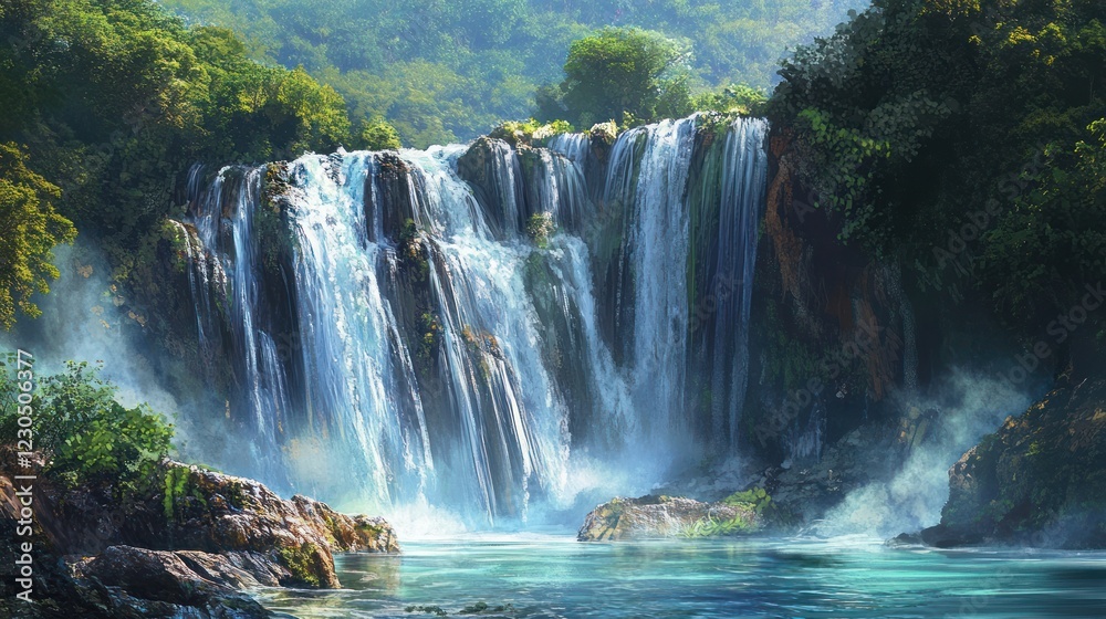 Naklejka premium Lush Waterfall in Jungle, Mist, Tranquil Pool