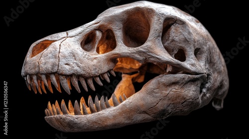 A detailed view of a dinosaur skull, showcasing its intricate features and natural textures, This striking image can be used for educational materials, museum displays photo