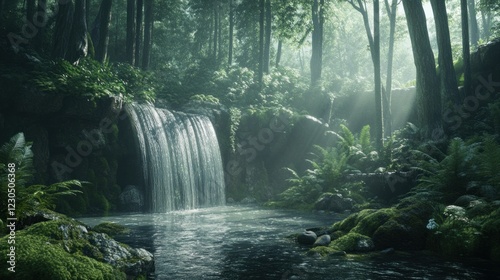 Enchanted Waterfall in Misty Forest Sanctuary