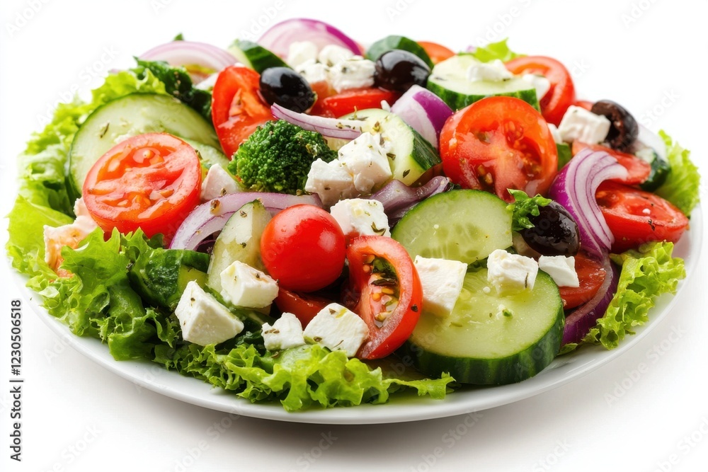 Greek salad on white plate highlighted on white background, summer breakfast, on white background, healthy eating concept Greek salad on white plate highlighted on white background, summer breakfast, on white background, healthy eating concept
