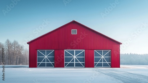 Barn with red metal siding and sliding doors featuring white crisscross shapes, set against snowy surroundings photo