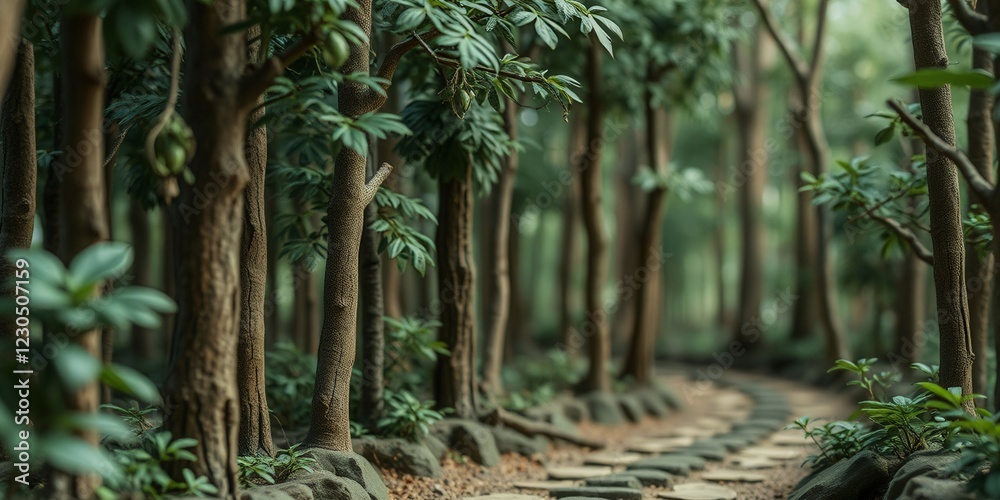 A path through a forest with trees and rocks. Scene is peaceful and serene, as the viewer is surrounded by nature A path through a forest with trees and rocks. Scene is peaceful and serene, as the viewer is surrounded by nature