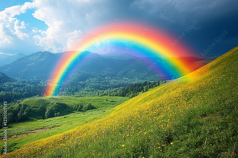 Naklejka premium Rainbow Arcing Over Lush Green Mountain Meadow