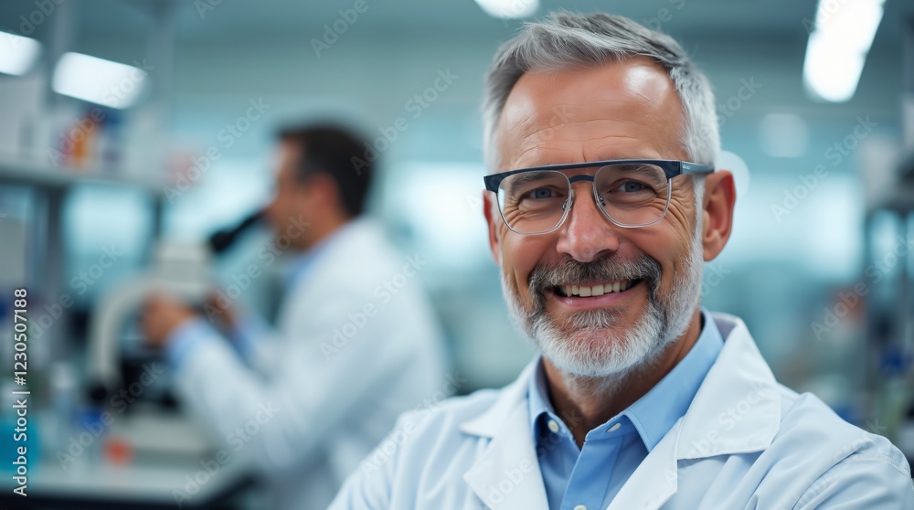 a middle-aged man with a neatly groomed beard, wearing safety glasses and a white lab coat. a middle-aged man with a neatly groomed beard, wearing safety glasses and a white lab coat.