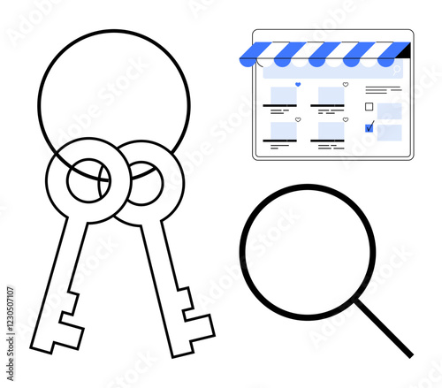 Two intersecting keys, search magnifying glass, and storefront website interface. Ideal for digital marketing, online security, keyword research, business strategy, web optimization, e-commerce