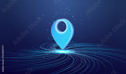 GPS 3d pin icon on the road map background. Ai GPS navigation symbol in technology design. Geo point location, navigator travel way and transport logistics delivery concept. Blue lines vector.