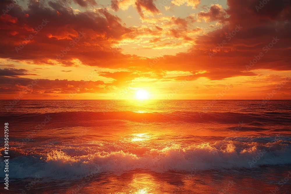 Fototapeta premium A vibrant sunset over the ocean, with dramatic clouds and golden light
