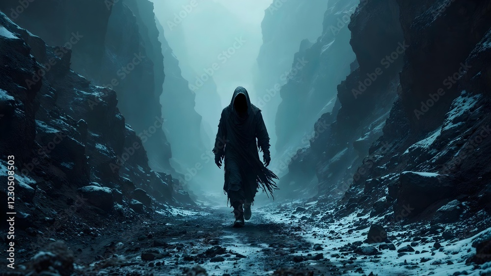 Fototapeta premium A dark figure walks through the gorge. Adventure in the mountains.