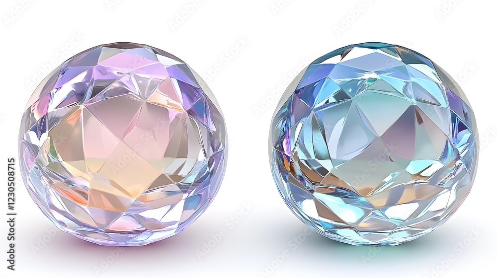 Fototapeta premium Two iridescent gemstone spheres,faceted crystal balls, faceted gems, luxury, opulence, abstract background