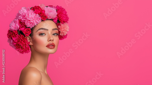 Elegant woman with floral crown, pink makeup, and red lipstick posing against a vibrant background, beauty fashion photography for glamour, style, elegance, and artistic creativity photo