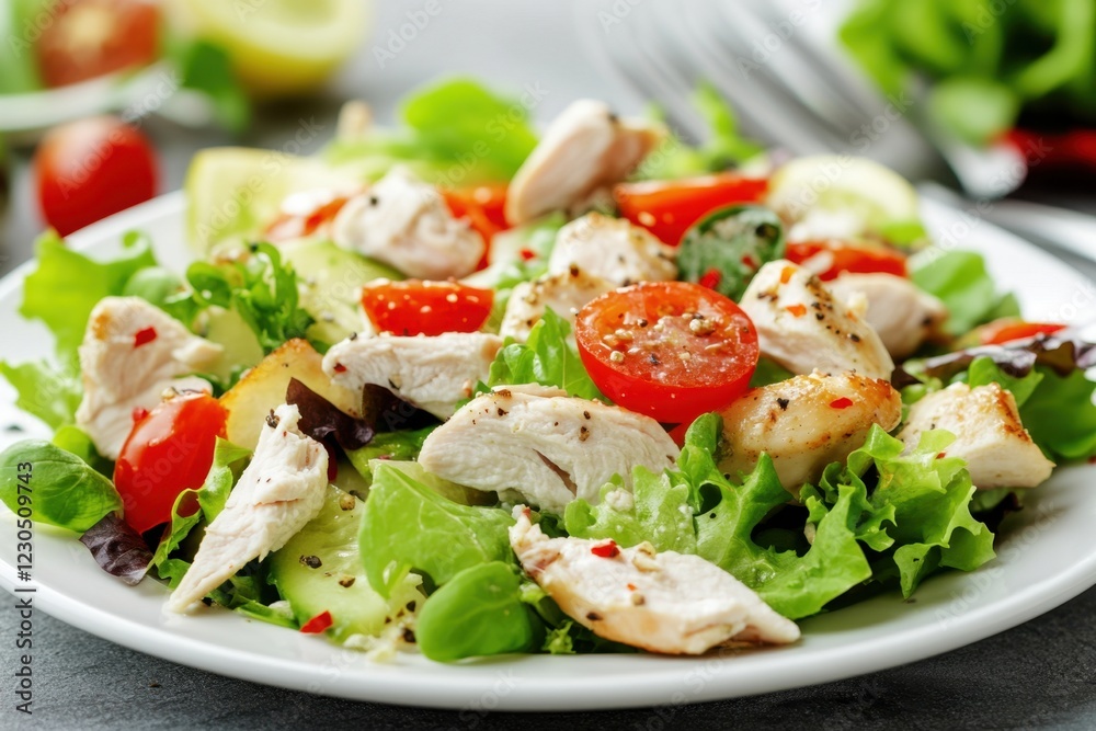 Appetizing summer salad with meat, tomatoes, basil and lettuce, healthy summer breakfast in a white plate on the table, healthy food concept, weight loss food Appetizing summer salad with meat, tomatoes, basil and lettuce, healthy summer breakfast in a white plate on the table, healthy food concept, weight loss food