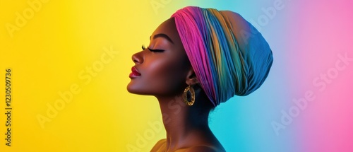 Serene Black woman with colorful headwrap and gold earrings against a vibrant yellow and blue background Beauty portrait with a peaceful expression, showcasing African fashion and style