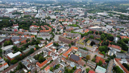 Aerial view around the old town of the city Harburg beside Hamburg on a sunny day in Germany.