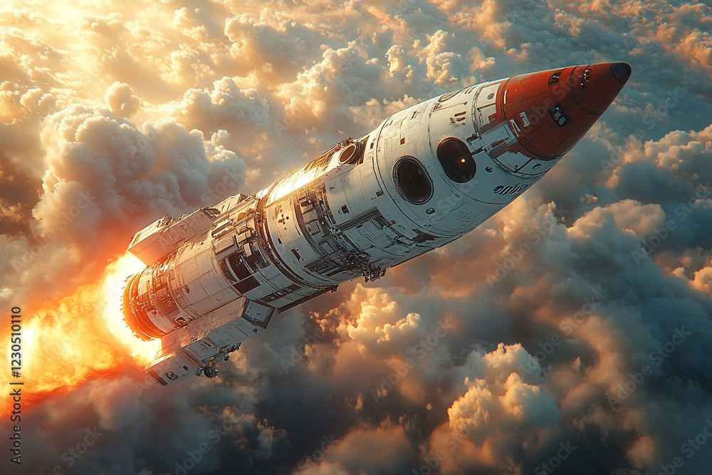 Fototapeta premium Rocket Ascending Through Cloudscape During Sunset