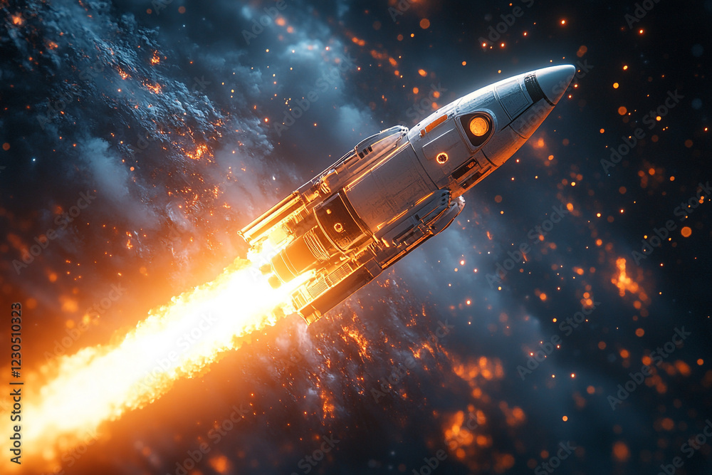 Obraz premium Spaceship Ascending Through Fiery Cosmic Debris