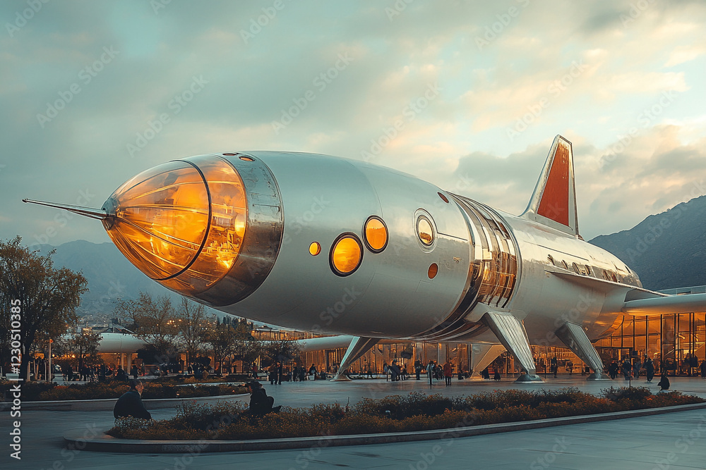 Obraz premium Futuristic Spaceship Model Displayed Outdoors At Dusk